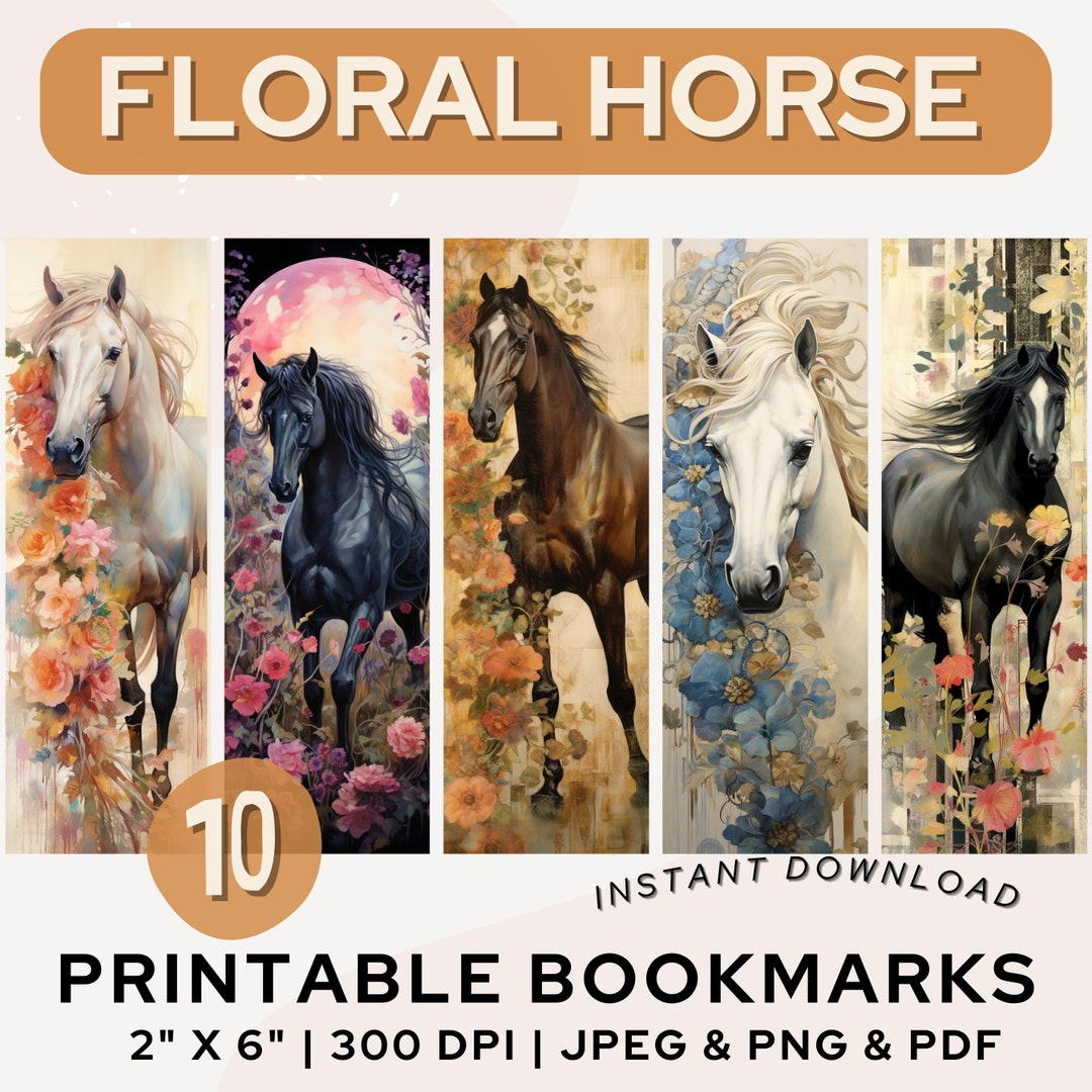 Floral Horse Printable Bookmarks Floral Artwork Horse Bookmark PNG PDF ...