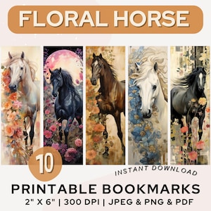 Floral Horse Printable Bookmarks Floral Artwork Horse Bookmark PNG PDF JPG Horses Animals Bookmark Set Book Lover Gift Print and Cut Digital
