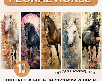 Floral Horse Printable Bookmarks Floral Artwork Horse Bookmark PNG PDF JPG Horses Animals Bookmark Set Book Lover Gift Print and Cut Digital