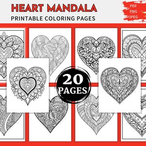 May include: A set of 20 printable coloring pages featuring intricate heart mandalas. Each page showcases a unique design with detailed patterns and swirls, perfect for adults and children who enjoy coloring.