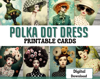 Polka Dot Dress Printable Junk Journal Cards ATC Card Making Surreal Art Fashion Ephemera Printable Cards Scrapbooking Junk Journal Supplies