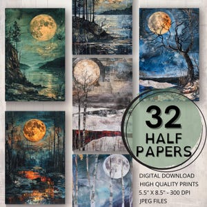 Journal de collage technique mixte Pleine lune Demi-papiers Pages imprimables Fabrication de cartes Techniques mixtes Scrapbooking Fournitures pour carnets éphémères lune