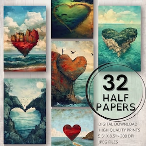 Heart Ocean Vibes Journal Half Papers Printable Pages Surreal Art Ocean Ephemera Collage Card Making Distressed Paper Junk Journal Supplies