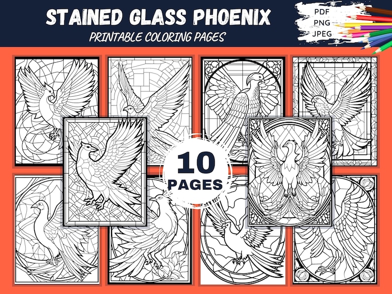 Stained Glass Phoenix Bird Pattern Coloring Page, 10 Printable Pages ...