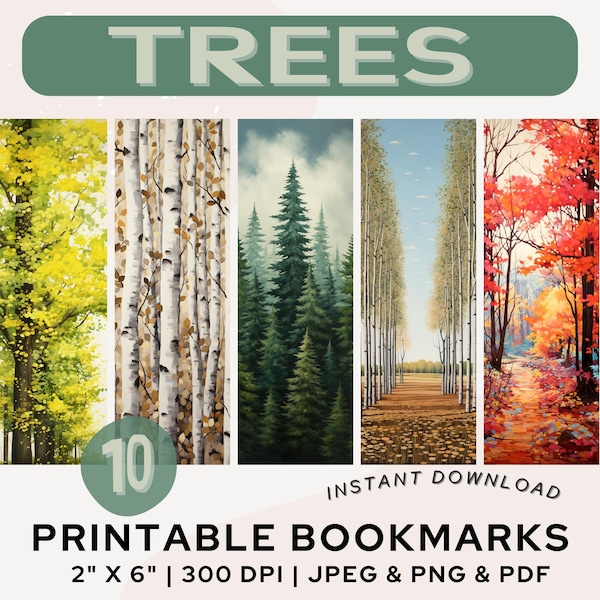 Trees Bookmark Printable Bookmarks Landscape Bookmark PNG PDF JPG Tree Painting Bookmark Set Book Lover Gift Print and Cut Nature Digital