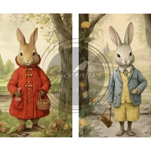 May include: Two illustrated rabbits dressed in clothing. The rabbit on the left is wearing a red coat, holding a red egg and a basket. The rabbit on the right is wearing a blue jacket, yellow pants, and a tie, holding a brown bag.