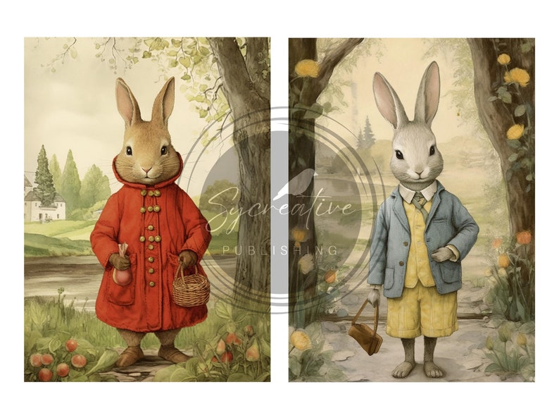 May include: Two illustrated rabbits dressed in clothing. The rabbit on the left is wearing a red coat, holding a red egg and a basket. The rabbit on the right is wearing a blue jacket, yellow pants, and a tie, holding a brown bag.