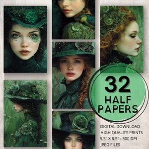 Smaragdgrün Schönheit Journal Hälfte Papiere Druckbare Seiten Ephemera Scrapbooking Frau Gesicht Portrait Collage Karte, die Junk Journal Zubehör
