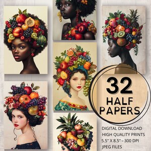 Diario de peluca de frutas Medios papeles Páginas imprimibles Arte surrealista Retrato de mujer Fruta Efímera Scrapbooking Collage Tarjeta Haciendo Diario basura de frutas