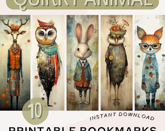 Knäppa djur utskrivbart bokmärke Vintage pappersbokmärke Bok surrealistisk konst bokmärke PNG PDF JPG Nyckfullt bokmärkesset Bokälskare Gåva