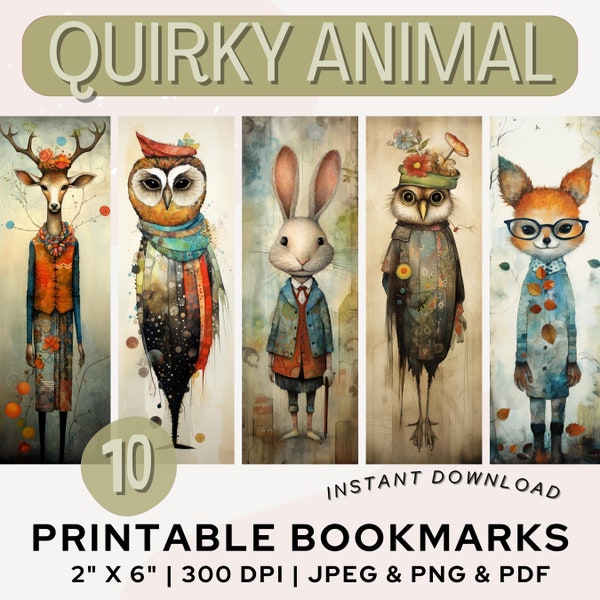 Quirky Animal Printable Bookmark Vintage Paper Bookmark Book Surrealist Art Bookmark PNG PDF JPG Whimsical Bookmark Set Book Lover Gift