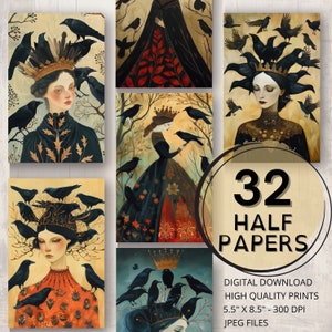 Corvo rainha diário metade papéis para impressão páginas raven efêmera scrapbooking mulher colagem arte corvo cartões fazendo corvo lixo diário suprimentos