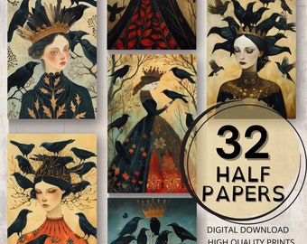 Crow Queen Journal Half Papers Printable Pages Raven Ephemera Scrapbooking Woman Collage Art Crow Cards Making Crow Junk Journal Supplies
