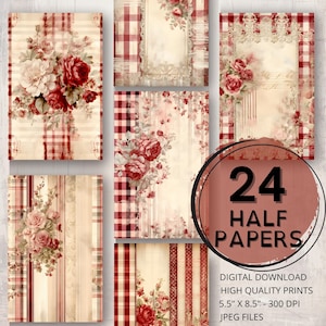 Red Journal Half Papers Floral Printable Page Digital Ephemera Scrapbooking Collage Shabby Chic Grunge Plaid Card Making Junk Journal Supply