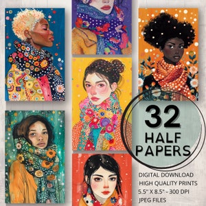 Vrouw met sjaal Journal Half Papers Afdrukbare pagina Ephemera Scrapbooking Kleurrijk schilderij Collage Kaarten maken Polka Dot Junk Journal Supply