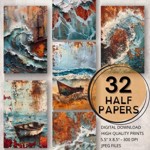 Rusty Sea Metal Painting Journal Half Papers Printable Pages Textured Ocean Art Ephemera Collage Card Making Boat Ocean Sea Journal Supplies