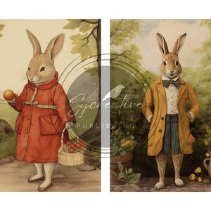 May include: Two illustrations of rabbits dressed in clothing. The rabbit on the left is wearing a red coat and holding an apple and a basket of apples. The rabbit on the right is wearing a yellow coat, a white shirt, a bow tie, and striped pants.