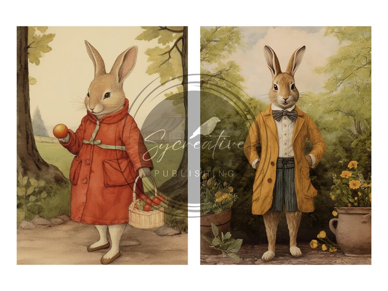 May include: Two illustrations of rabbits dressed in clothing. The rabbit on the left is wearing a red coat and holding an apple and a basket of apples. The rabbit on the right is wearing a yellow coat, a white shirt, a bow tie, and striped pants.