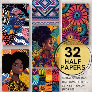 May include: A collection of six digital art prints featuring portraits of Black women with vibrant, colorful patterns. The prints include the text "32 HALF PAPERS" and details about the digital download, including dimensions of 5.5" x 8.5" and 300 DPI.