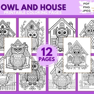 Owl and House Coloring Page, 12 Printable Coloring Pages for Kids and Adults for Stress Relief & Relaxation, Owls Coloring, Instant Download