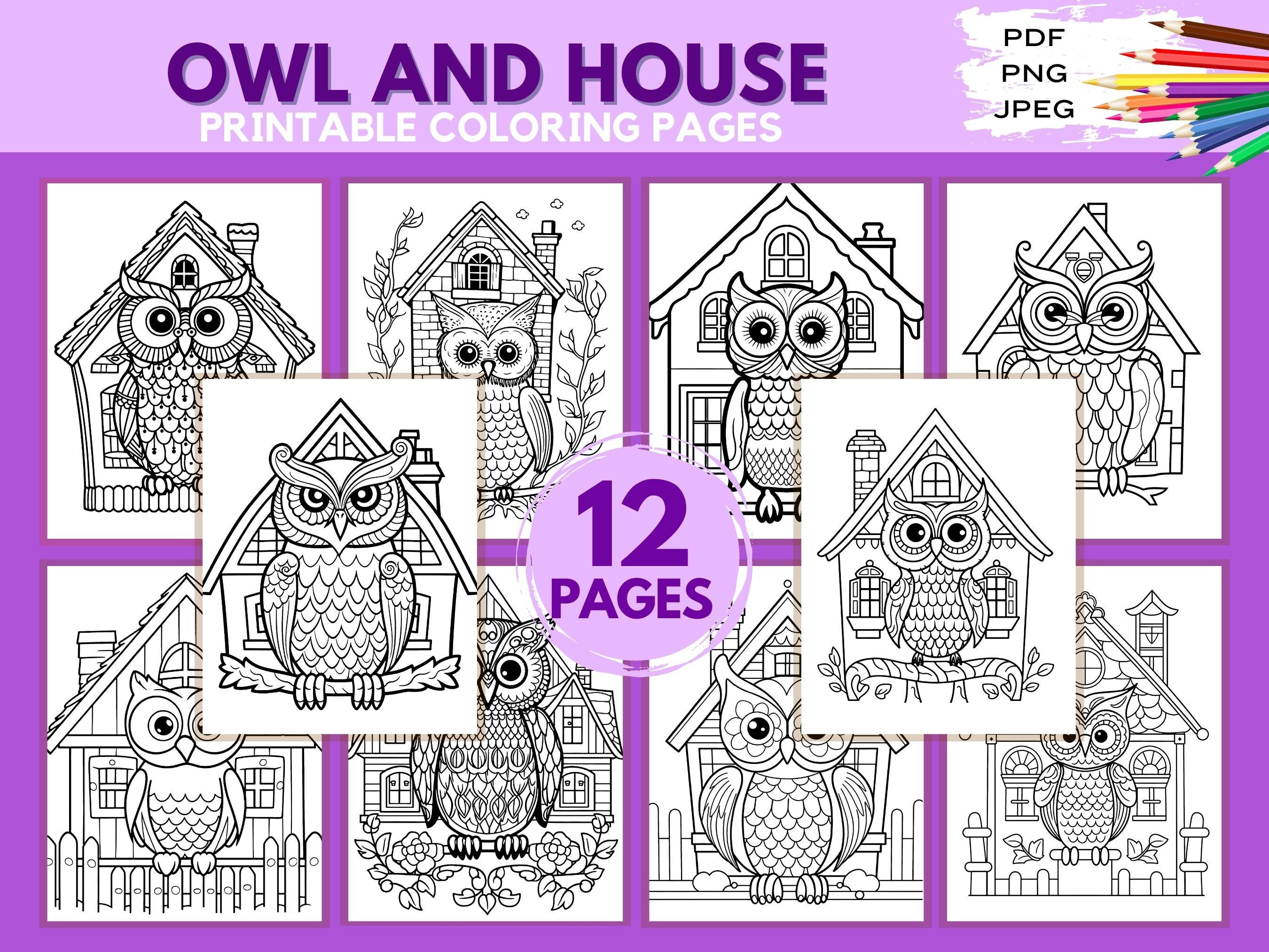 Owl and House Coloring Page, 12 Printable Coloring Pages for Kids and Adults for Stress Relief &