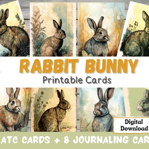 Rabbit Bunny Printables, Digital Image, Collage Sheet, ATC Cards, Junk Journal Cards, Instant Download, Scrapbooking, Ephemera, Watercolor