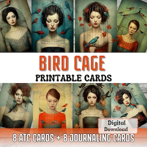 Gaiola de pássaros imprimível, cartões de diário atc, fazer cartão surreal, retrato, coisas efêmeras, scrapbooking, cartões imprimíveis, suprimentos de diário