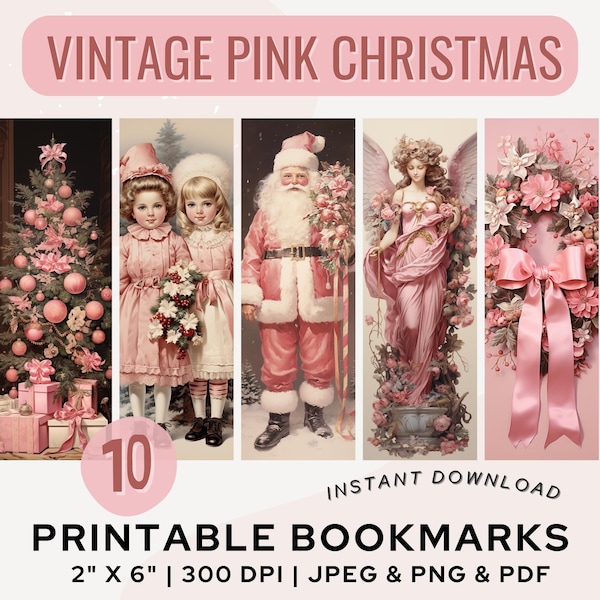 Vintage Pink Christmas Bookmark Printable Bookmarks Winter Holiday Merry Christmas Bookmarks PNG PDF JPG Pink Bookmark Set Digital Download