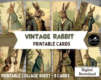 Vintage Rabbit PRINTABLE, Digital Image, Collage Sheet, ATC, Junk Journal Cards, Instant Download, Scrapbooking, Ephemera, 2.5" x 3.5" Cards