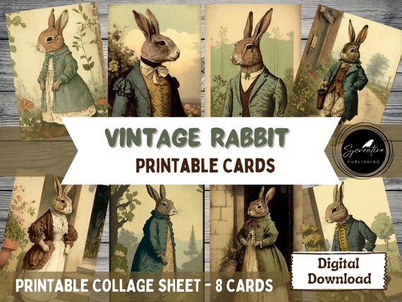 Vintage Rabbit PRINTABLE, Digital Image, Collage Sheet, ATC, Junk Journal Cards, Instant Download, Scrapbooking, Ephemera, 2.5" x 3.5" Cards