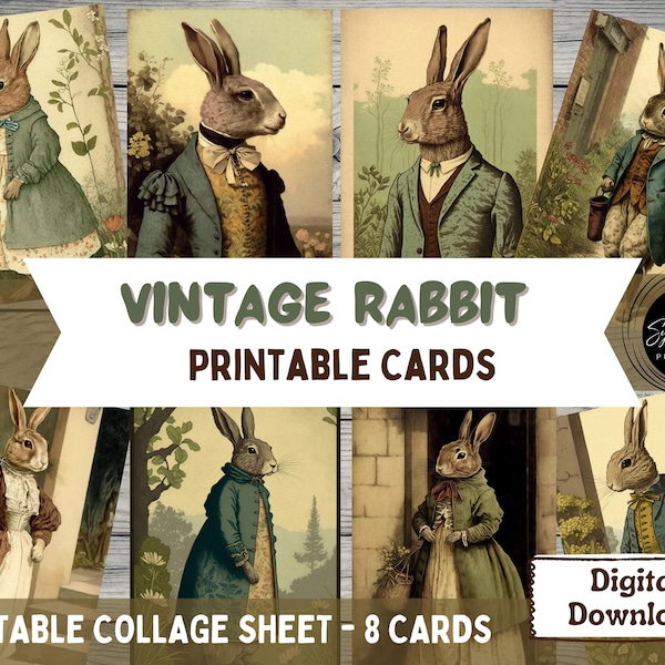 Vintage Rabbit PRINTABLE, Digital Image, Collage Sheet, ATC, Junk Journal Cards, Instant Download, Scrapbooking, Ephemera, 2.5" x 3.5" Cards