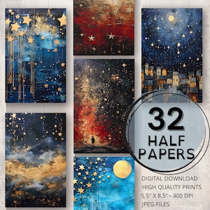 Falling Stars Journal Half Papers Afdrukbare pagina Artistiek Collage Kaarten maken Mixed Media Scrapbooking Ephemera Stars Moon Journal Supplies