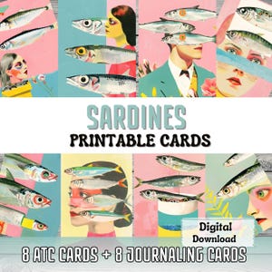 Cartes imprimables pour journal indésirable Sardines fabrication de cartes ATC collage Art surréaliste Portrait de femme poisson éphémères cartes de scrapbooking Fournitures pour journal indésirable
