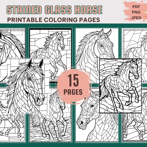 Stained Glass Horse Pattern Coloring Page, 15 Printable Pages, PDF, JPEG, PNG, Stained Glass Window, Mosaic Glass Art, Digital Download