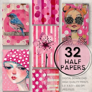 Polka Dot Pink Journal Half Papers Páginas imprimibles Digital Ephemera Scrapbooking Collage Art Card Making Pink Paper Craft Journal Supplies