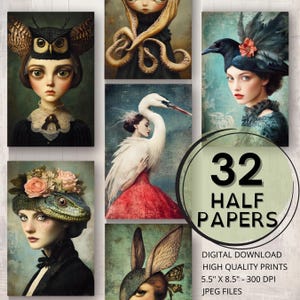 Diário de criaturas surreais, meio papel, páginas para impressão, colagem, arte, itens efêmeros, scrapbooking, criação de cartões, animais caprichosos, suprimentos para diário de lixo
