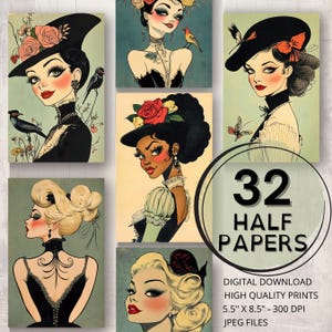 Vintage Jugendstil Damen Journal Hälfte Papiere Druckbare Seiten Frauen Illustration Ephemera Scrapbooking Kartenherstellung Kunst Junk Journal Zubehör
