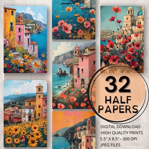 Journal méditerranéen demi-papiers, pages imprimables, ville côtière, éphémères, collage, fabrication de cartes, village côtier, riviera, bord de mer, fournitures pour journal