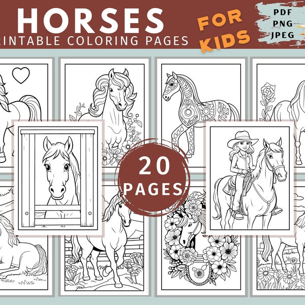 Horses Coloring Pages, 20 Printable Pages for Girls Horses Coloring Book Easy Horse Coloring Pages for Kids Instant Download PDF, JPEG, PNG