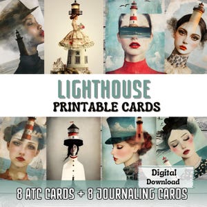 Cartões de diário de lixo imprimíveis Lighthouse ATC Card Making Arte surreal Retrato de mulher Scrapbooking Ephemera Cartões imprimíveis Suprimentos de diário