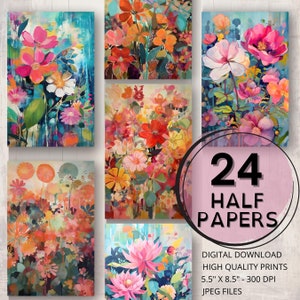 Diario de flores Medios papeles Floral Página imprimible Flores abstractas digitales Efímera Scrapbooking Collage Tarjeta Haciendo suministros de diario basura