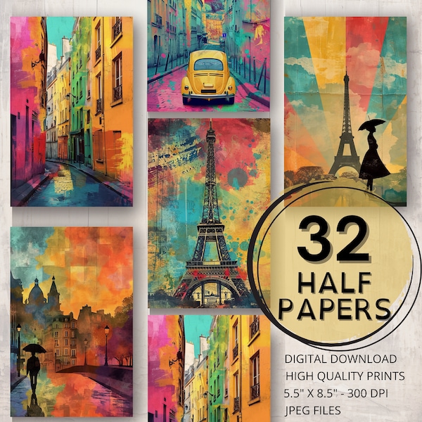 Colorful Paris Journal Half Papers Printable Pages Digital Ephemera Scrapbooking Collage Art Card Making French Paper Craft Journal Supplies
