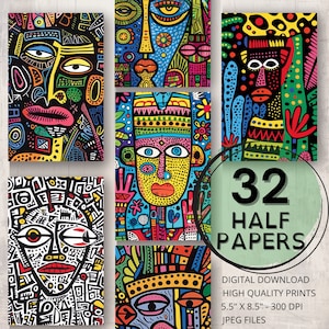 Ritratto colorato Modello africano Diario Mezze carte Pagine stampabili Collage astratto Ephemera Scrapbooking Card Making Junk Journal Supply
