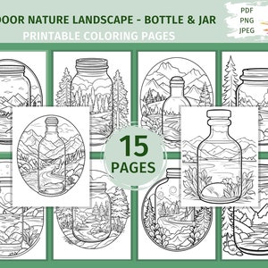 Outdoor Nature Landscape Bottle Jar Coloring Pages, 15 Printable Coloring Pages for Teens & Adults, PDF, JPEG, PNG, Digital Download
