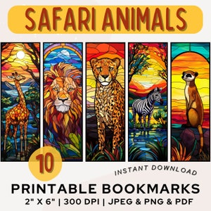Safari Animal Bookmarks Printable Bookmark Colorful Stained Glass Bookmark PNG PDF JPG Safari Bookmark Book Lover Animal Nature Bookmark Set