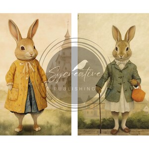 Vintage Rabbits Printable Digital Image Junk Journal ATC Cards, Dressed Animals Collage Sheets, Scrapbooking Ephemera Journaling Cards Set image 5