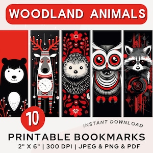 Woodland Animals Printable Bookmarks Printable Bookmark Book Red White Black Animal Bookmark PNG PDF JPG Bookmark Set Book Lover Gift