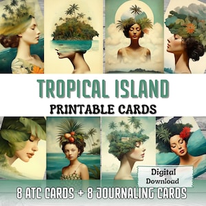 Tropical Island Printable Junk Journal Cards ATC Card Making Arte surreale Ritratto di donna Ephemera Stampabili Carte Forniture per diari tropicali
