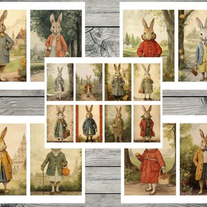 May include: A collage of 14 illustrations featuring rabbits dressed in various outfits. The rabbits are depicted in different settings, including forests, gardens, and cityscapes. The illustrations are done in a vintage style with watercolor-like textures.
