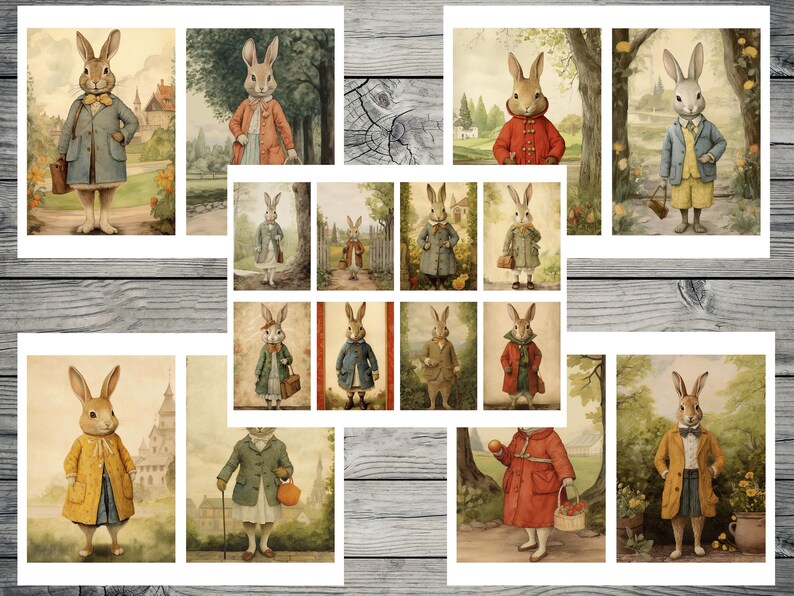 May include: A collage of 14 illustrations featuring rabbits dressed in various outfits. The rabbits are depicted in different settings, including forests, gardens, and cityscapes. The illustrations are done in a vintage style with watercolor-like textures.